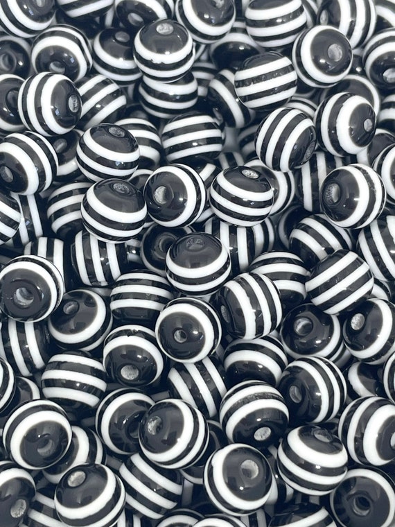 Black and White Striped Round Beads, Black and White Beads for Bracelet,  Striped Beads for Necklace, Round Beads for Earrings
