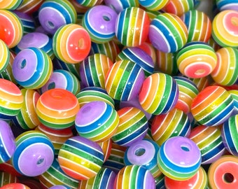 Rainbow Striped Beads for Bracelet, Rainbow Beads, Assorted Beads, Plastic Beads, Round Striped Beads, Colorful Beads, Candy Beads