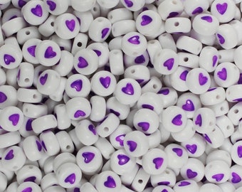 Lila Herzperlen, Alphabetperlen, 7 mm Perlen, Herzperlen, Kawaii-Perlen, Scheibenperlen, Lila Perlen