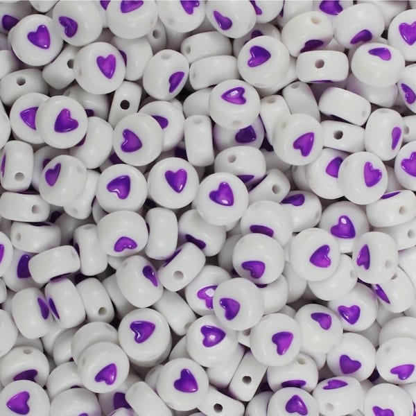 Purple Heart Letter Beads, Alphabet Beads, 7mm Beads, Heart Beads, Kawaii Beads, Disc Beads, Purple Beads