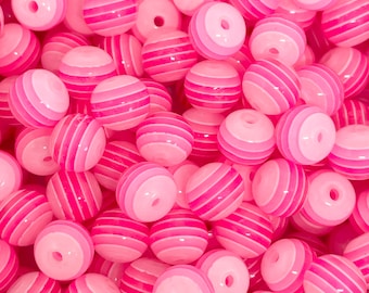 8mm Bubblegum Striped Bead, Striped Plastic Beads, Cute Beads for Bracelet, Bright Pink Beads with Stripes, Hot Pink Beads