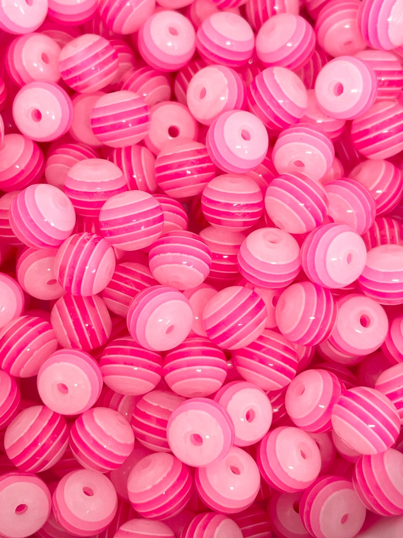 8mm Bubblegum Striped Bead, Striped Plastic Beads, Cute Beads for Bracelet, Bright Pink Beads with Stripes, Hot Pink Beads image 1