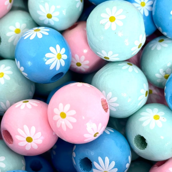 Pastel Daisy Flower Bead Mix, Hand Painted Wood Beads for Garland, Boho Beads, Farmhouse Beads, Wooden Necklace, Wooden Beads, Daisy Beads