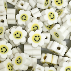 Kawaii Daisy Flower Beads made from Clay, Happy Face Beads for Jewelry Making, Flower Charms, White Beads