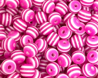 6mm Dark Pink Striped Beads for Valentine's Day, Vday Beads for Jewelry Making, Valentine's Day Beads, Beads with Stripes, Spacer Beads