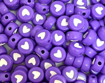 Purple Spacer Beads for Alphabet Jewelry, Letter Beads, Purple Heart Charm for Jewelry Making, Bracelet Beads, Anklet Beads
