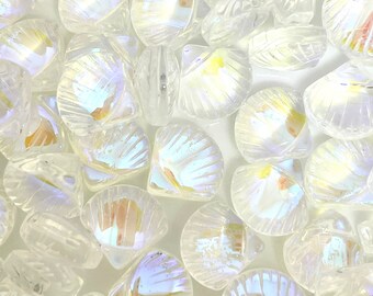Iridescent Glass Mermaid Shell Beads, Mermaid Beads for Bracelet, Clear Beads, Translucent Beads, Spacer Beads, Ocean Beads, Beach Beads