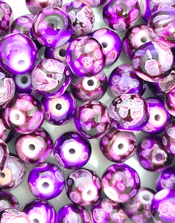 Elegant Purple Glass Beads for Jewelry Making, 8mm Polished Round Beads for  Necklace, Swirl Beads, Purple Marble Beads