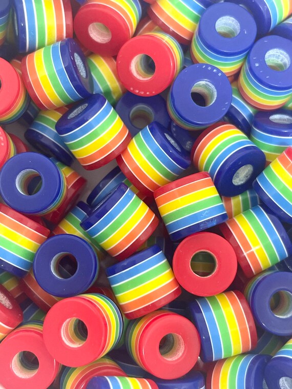 Thin Striped Rainbow Plastic Resin Beads ~ Large Hole ~ 10mm X 11mm