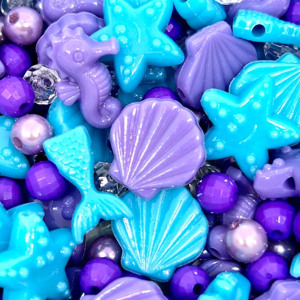 Blue & Purple Mermaid Bead Mix, Shell, Round, Mermaid Tails, Seahorse Beads