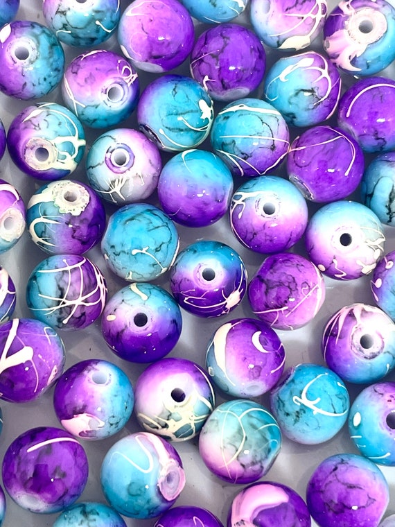 8mm Gorgeous Glass Mermaid Beads, Bright Colored Beads for Jewelry Making,  Blue and Purple Crackle Beads, Glass Beads, 