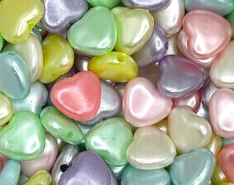 12mm Pastel Pearl Heart Beads, Iridescent Acrylic Hearts for Kawaii Jewelry Making
