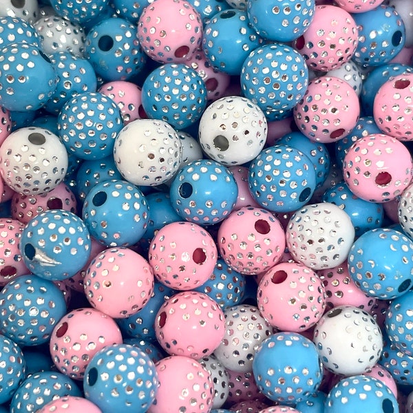 8mm Kawaii Cotton Candy Bead Mix, Light Pink and Blue Beads with Silver Polka Dots