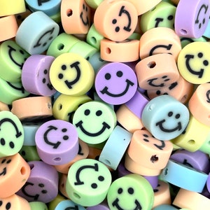 Pastel Happy Face Clay Beads, Smiley Face Emoji Beads, Polymer Clay Handmade Charm, Pendant