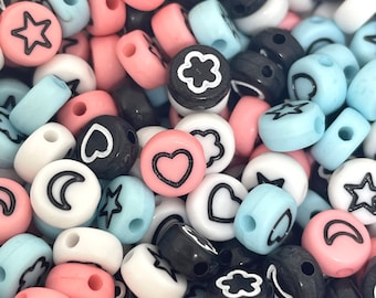 Kawaii Star, Moon, Flower, Heart Bead Mix, Goth Beads, Fairy Key Beads, Celestial Beads, Spacer Beads for Alphabet Jewelry, Letter Beads