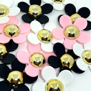 Glamorous Daisy Cabochons, Daisy Accessories, Pink, Black, and White Cabochons, Daisy Decoden, Flower Decoden, Flower Cabochon