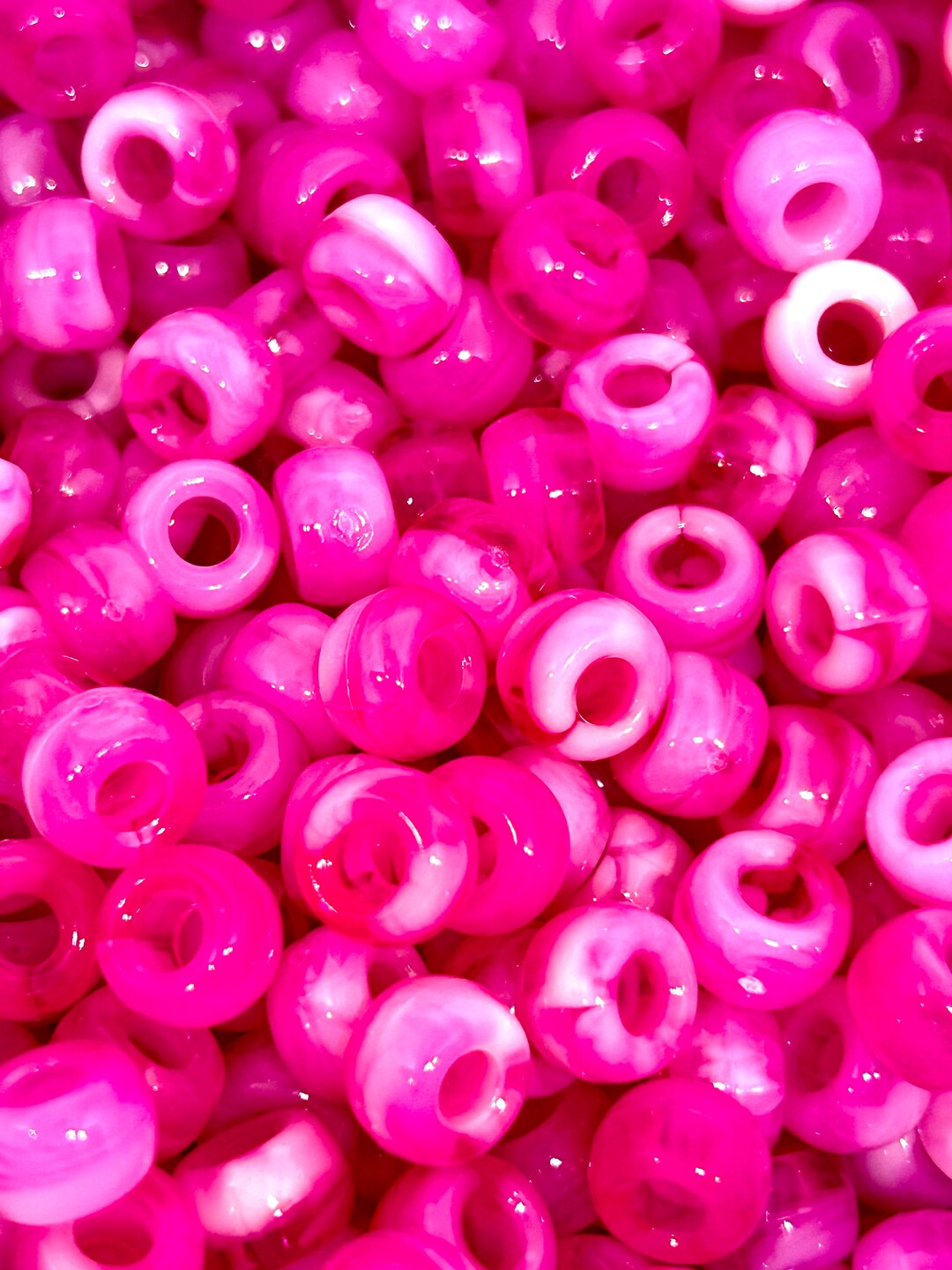 Hot Pink and White Marble Swirled Pony Barrel Beads - 8mm Large