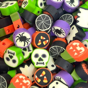 Halloween Spooky Cute Polymer Clay Bead Mix, Handmade Beads Pumpkin, Spider, Skull, Candy Corn