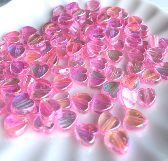 Pink Heart Beads for Bracelet, Pink Beads, 8mm Beads, Clear Beads for