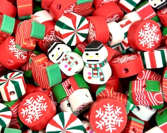 Handmade Christmas Polymer Clay Beads, Festive Bead Mix, Snowman Snowflakes Stockings