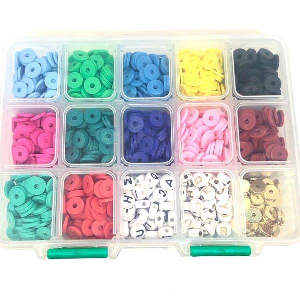 Bead Kit with Clay Heishi Beads, Letter Beads, and Gold Spacers