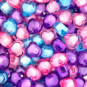 Translucent Pink, Blue, Purple Heart Beads - Enchanting Mix