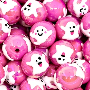 16mm Chunky Halloween Pink Ghost Beads, Spooky Cute