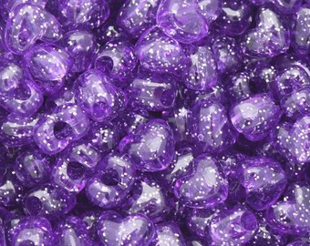 Purple Glitter Heart Pony Beads, Kandi Beads, Heart beads, Spacer Beads, Cute Beads, Purple Beads, Heart