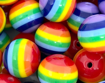 20mm Chunky Rainbow Beads, Rainbow Striped Beads, LGBTQ, Pride Beads, Jewelry, for garland