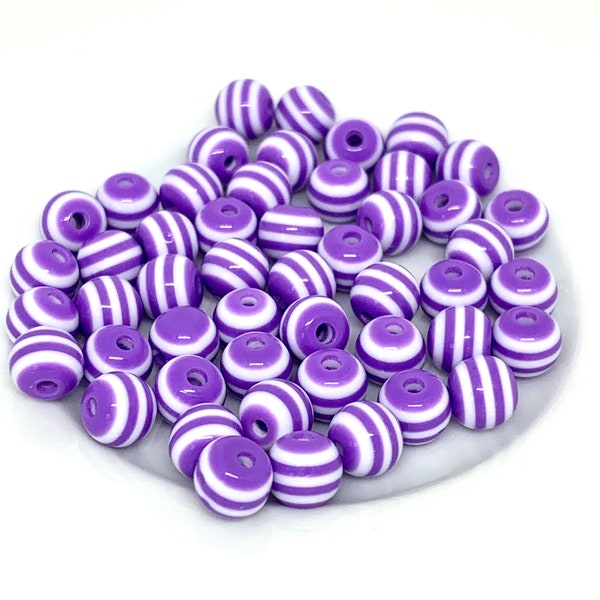 Purple and White Striped Round Resin Beads - Eye-catching Beads for Unique Creations