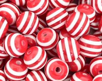 12mm Candy Cane Beads, Red and White Christmas Beads for the Holidays, Peppermint Beads for Christmas, Striped Beads for Jewelry Making