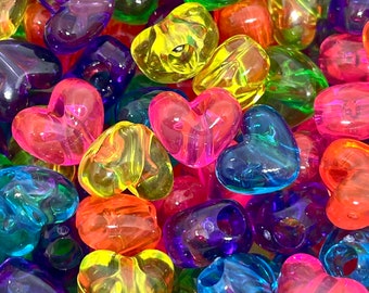 Translucent Neon Heart Pony Beads, Kandi Beads, Barrel Beads, Neon Bead Soup, Rave Jewelry, Assorted Beads