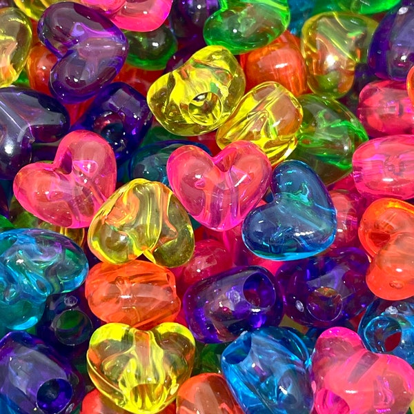 Translucent Neon Heart Pony Beads, Kandi Beads, Barrel Beads, Neon Bead Soup, Rave Jewelry, Assorted Beads