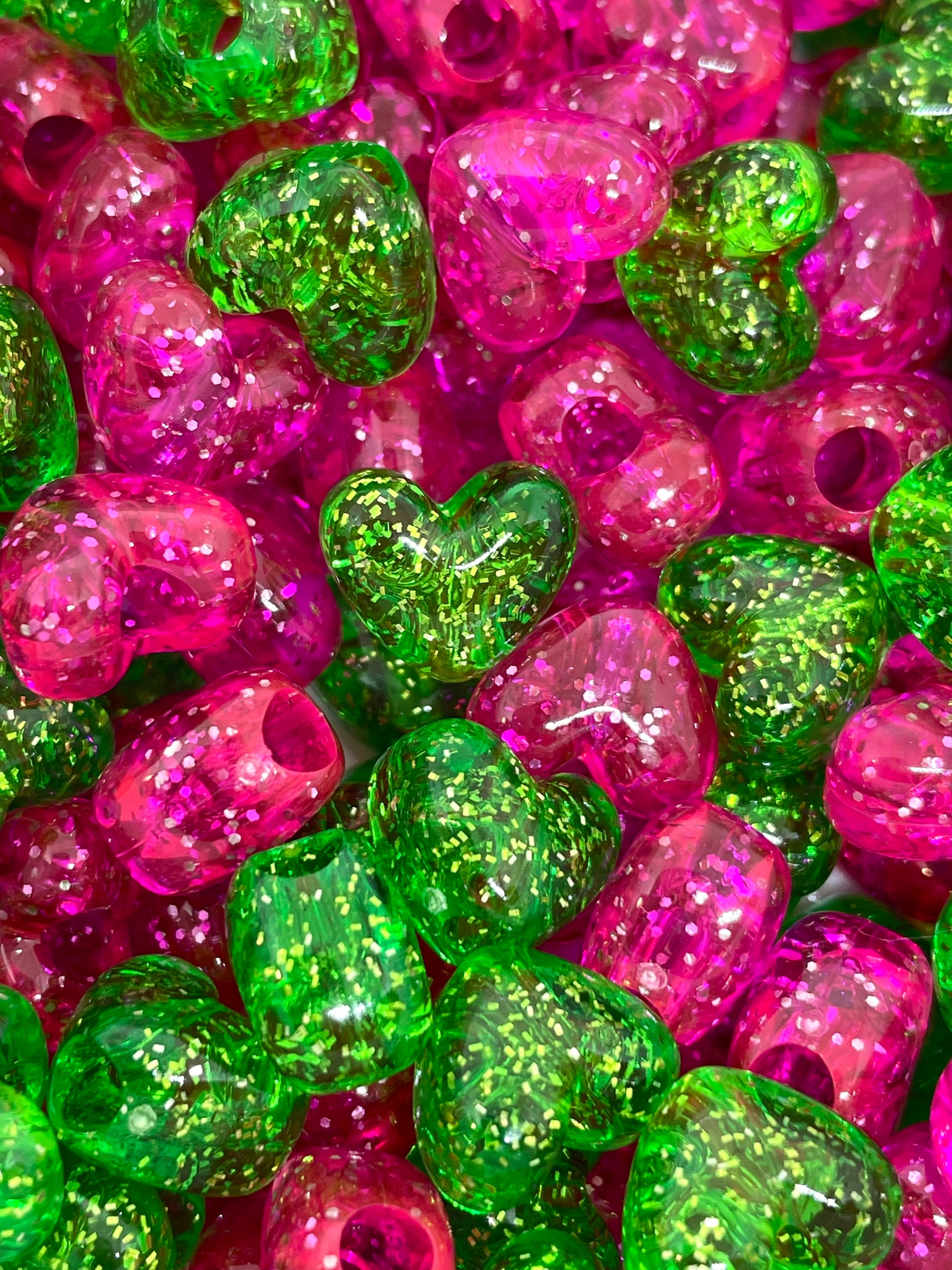 Watermelon Heart Bead Set, Glitter Heart Beads, Bright Colored Summer Beads, Fun Beads