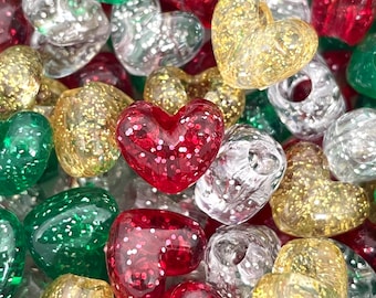 Christmas Beads Heart Mix, Glitter Heart Beads, Christmas Bead Assortment for Jewelry Making, Bead Variety, Sparkle Mix for the Holidays