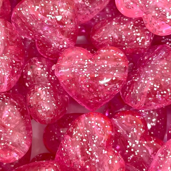 Pink Sparkle Heart Charm Beads for Jewelry Making, Valentine's Day Beads for Necklace, Glitter Heart Beads, Heart Shaped Beads