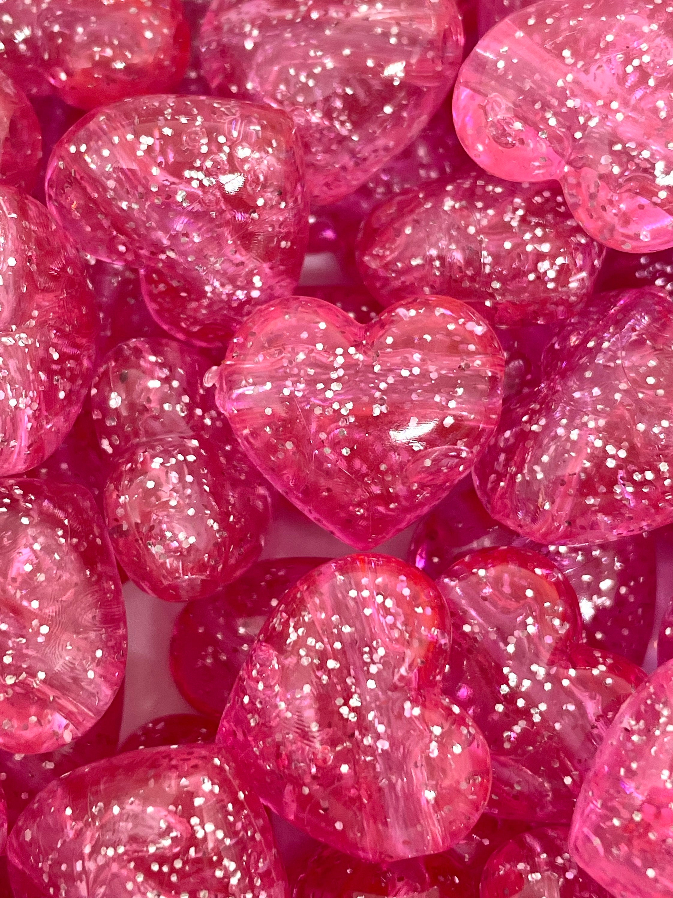 Deep Pink Heart Beads 18mm Rose Pink Glitter Puffy Heart Acrylic