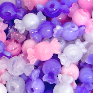 Translucent Kawaii Marbled Pink, Purple, and White Candy Beads - Sweet Jewelry Making Supplies