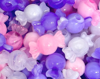 Translucent Kawaii Marbled Pink, Purple, and White Candy Beads - Sweet Jewelry Making Supplies