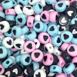 Cute Heart Coin Mix, Blue, Pink, White, and Black Heart Coin Beads for Bracelet, Word Jewelry