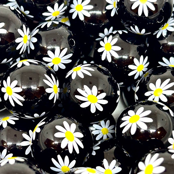20mm Chunky Black Beads - Shiny Round Beads with Delicate White Daisy Accents
