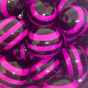20mm Chunky Black and Magenta Striped Beads for Costume Jewelry, Chunky Necklace, Goth Beads, Gothic Lolita
