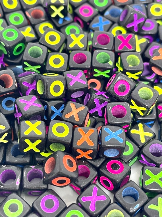100 Black with Neon Color Assorted Alphabet Letter Cube Pony Beads