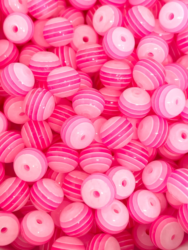 8mm Bubblegum Striped Bead, Striped Plastic Beads, Cute Beads for Bracelet, Bright Pink Beads with Stripes, Hot Pink Beads image 2