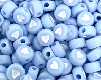 Baby Blue Beads with Hearts, Coin Beads, Flat Round Beads for Jewelry Making, Gender Reveal Beads, Letter Beads, Blue Spacer Beads