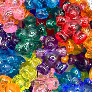 Colorful translucent gummy bear shaped acrylic beads in assorted rainbow colors, candy style novelty beads for jewelry making and kids crafts