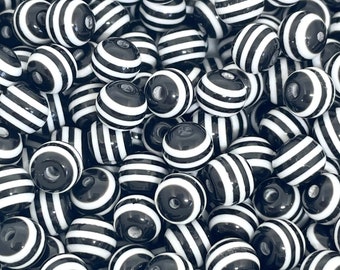 Black and White Striped Round Beads, Black and White Beads for Bracelet, Striped Beads for Necklace, Round Beads for Earrings