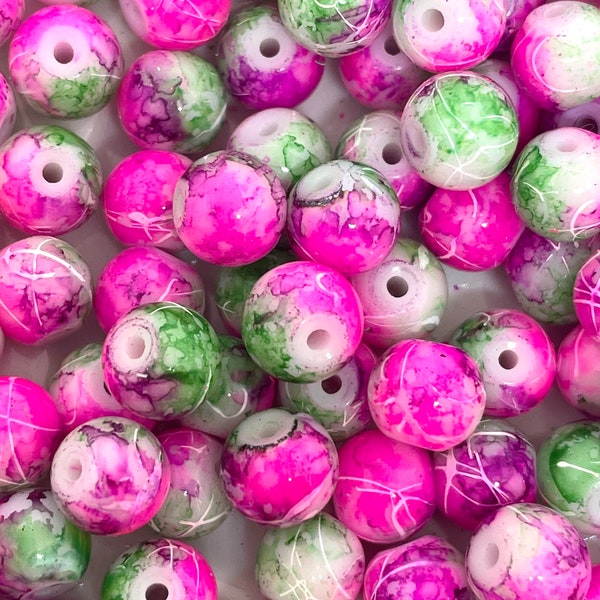 8mm Gorgeous Watermelon Tie Dye Beads, Bright Colored Glass Beads for Jewelry Making, Necklace