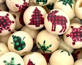 Christmas Beads for Garland, Farmhouse Beads, Buffalo Plaid Beads for Jewelry Making, Holiday Beads, Wood Beads