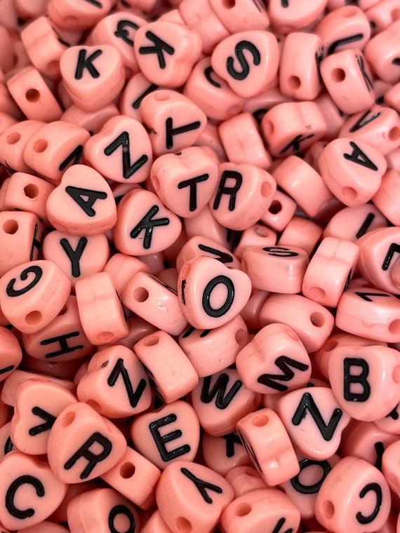 Coral Pink Letter Beads, Heart Alphabet Beads, Name Beads for